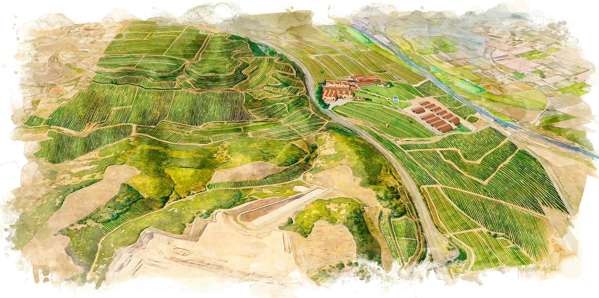 Ilustración aérea de Finca Ygay con el Castillo Ygay, la bodega y los pagos de viñedo